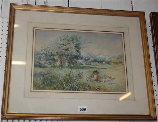 Jessie Macgregor watercolour, Children in a meadow(-)
